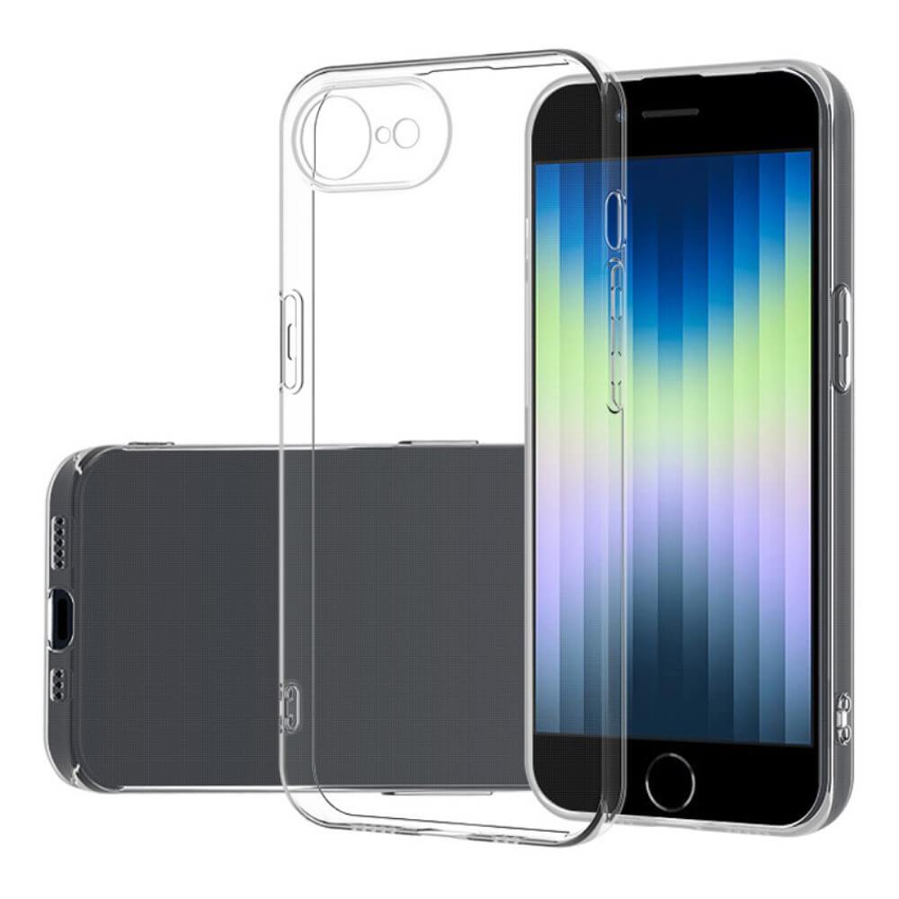 Das Cover-Discount iPhone 16e - Silikon Gummi Case transparent ist auf einem Smartphone abgebildet und zeigt den Antifingerprint-Schutz beidseitig vor weißem Hintergrund.