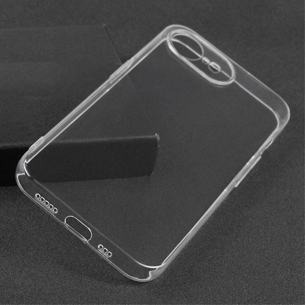 Das transparente Cover-Discount iPhone 16e - Silikon Gummi Case verfügt über ein Antifingerprint-Design, das auf einer dunklen Oberfläche mit einer schwarzen Box im Hintergrund präsentiert wird.