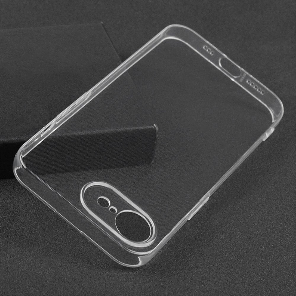 Das Cover-Discount iPhone 16e Silikon Gummi Case transparent bietet Antifingerprint-Schutz und ein klares Design, ideal präsentiert auf dunkler Fläche neben einem schwarzen rechteckigen Objekt.