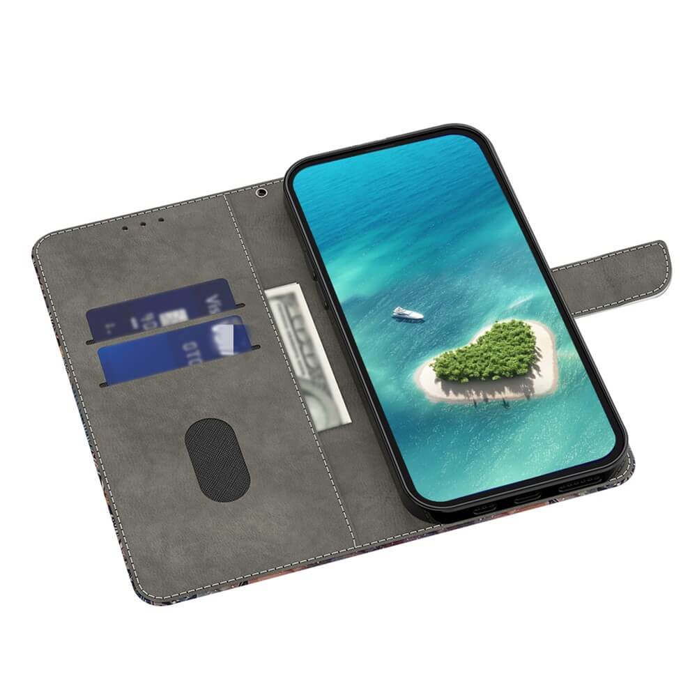 Das Cover-Discount Galaxy A55 - 3D-Effekt Hülle Etui Peony fasst Karten und Bargeld, und das Telefon zeigt eine Luftaufnahme einer herzförmigen Insel.