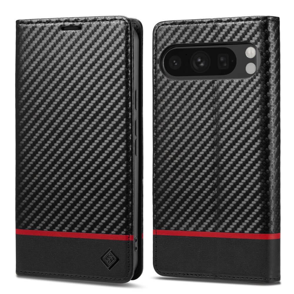 Die LC.IMEEKE Hülle Carbon Fiber für Google Pixel 9/9 Pro verfügt über ein schwarzes Design mit einem roten Streifen, Schutz der Kamera, und ist sowohl von vorne als auch von hinten zu sehen.