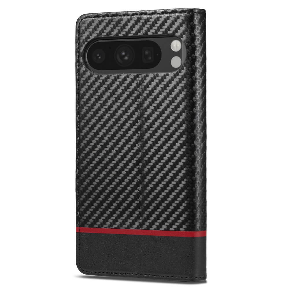 Die LC.IMEEKE Hülle Carbon Fiber für Google Pixel 9 / 9 Pro verfügt über einen kräftigen roten Streifen, stilvollen Schutz und optimalen Kameraschutz für Telefone mit drei Rückkameras.