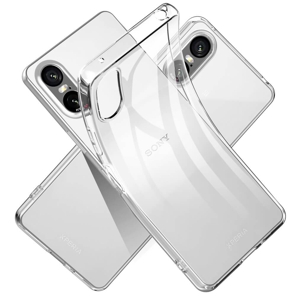 Die transparente Silikon Gummi Hülle „Sony Xperia 10 VI - Silikon Gummi Case transparent“ von Cover-Discount wird auf zwei weißen Sony Xperia 10 VI Smartphones mit Dual-Kamera gezeigt.