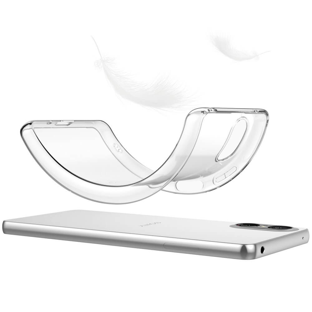Das Cover-Discount Sony Xperia 10 VI - Silikon Gummi Case transparent schwebt über dem schlanken Smartphone, während eine Feder im Hintergrund Leichtigkeit symbolisiert.
