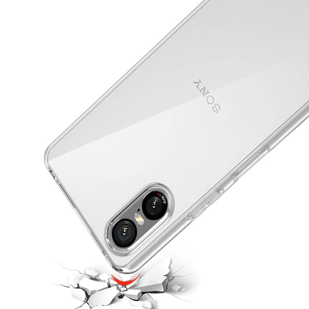 Ein Sony Xperia 10 VI in einer transparenten Silikon-Gummihülle von Cover-Discount scheint auf eine harte Oberfläche darunter aufzuschlagen und zu brechen.