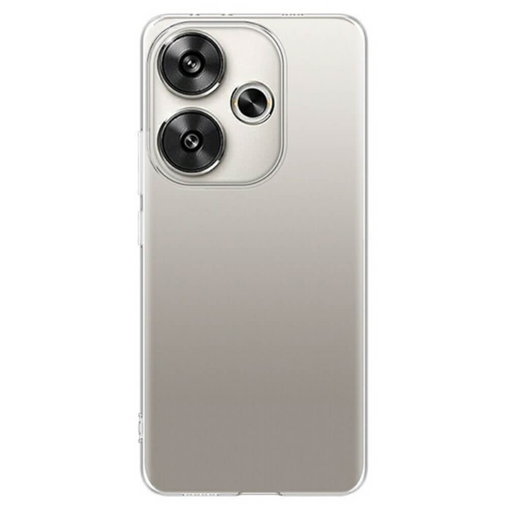 Das transparente Silikon Gummi Case von Cover-Discount für das Xiaomi Poco F6 schützt Ihr silbernes Smartphone und präsentiert seine zwei großen Kameras auf der Rückseite und eine kleinere Kamera.