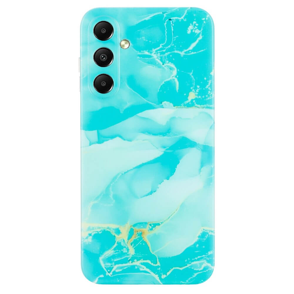 Die Cover-Discount Galaxy A55 - Handyhülle Marble hat ein türkisfarbenes Marmordesign mit goldenen Adern, passt für drei rückwärtige Kameras und ist aus hochwertigem TPU für Stil und Schutz gefertigt.