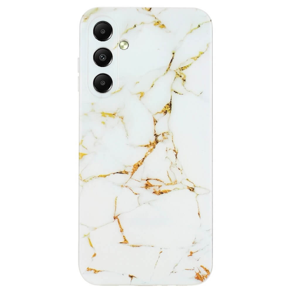 Die Cover-Discount Galaxy A55 - Cover Handyhülle Marble ist eine weiße TPU Handyhülle mit einem goldenen Marmordesign und Aussparungen für drei Kameralinsen in der oberen linken Ecke.