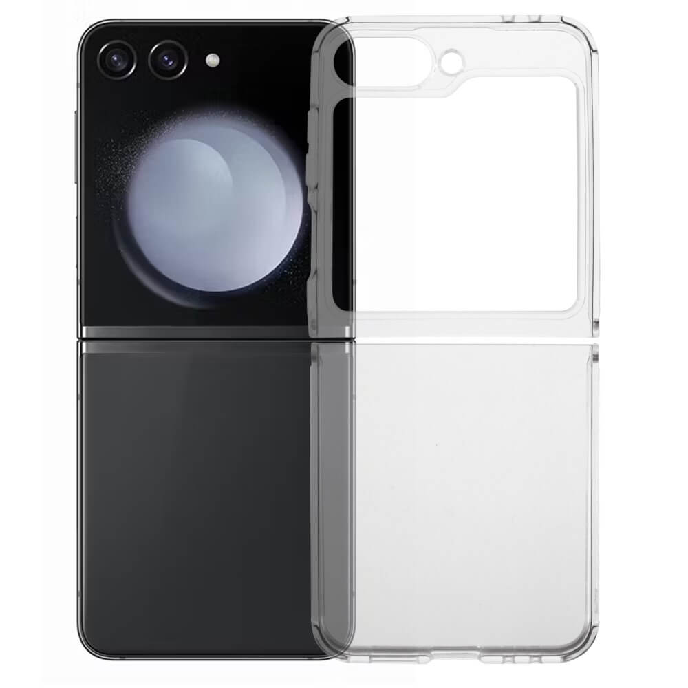 Abgebildet ist ein schwarzes faltbares Smartphone Galaxy Z Flip6 neben einer transparenten Silikon-Gummihülle von Cover-Discount, dem Galaxy Z Flip6 – Silikon Gummi Case transparent.
