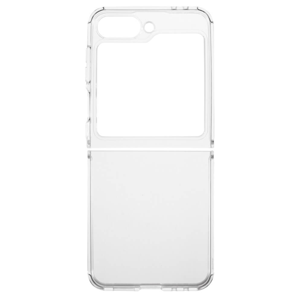 Das transparente Cover-Discount Galaxy Z Flip6 – Silikon Gummi Case schützt Ihr faltbares Smartphone und präsentiert gleichzeitig sein schlankes Design vor einem weißen Hintergrund.