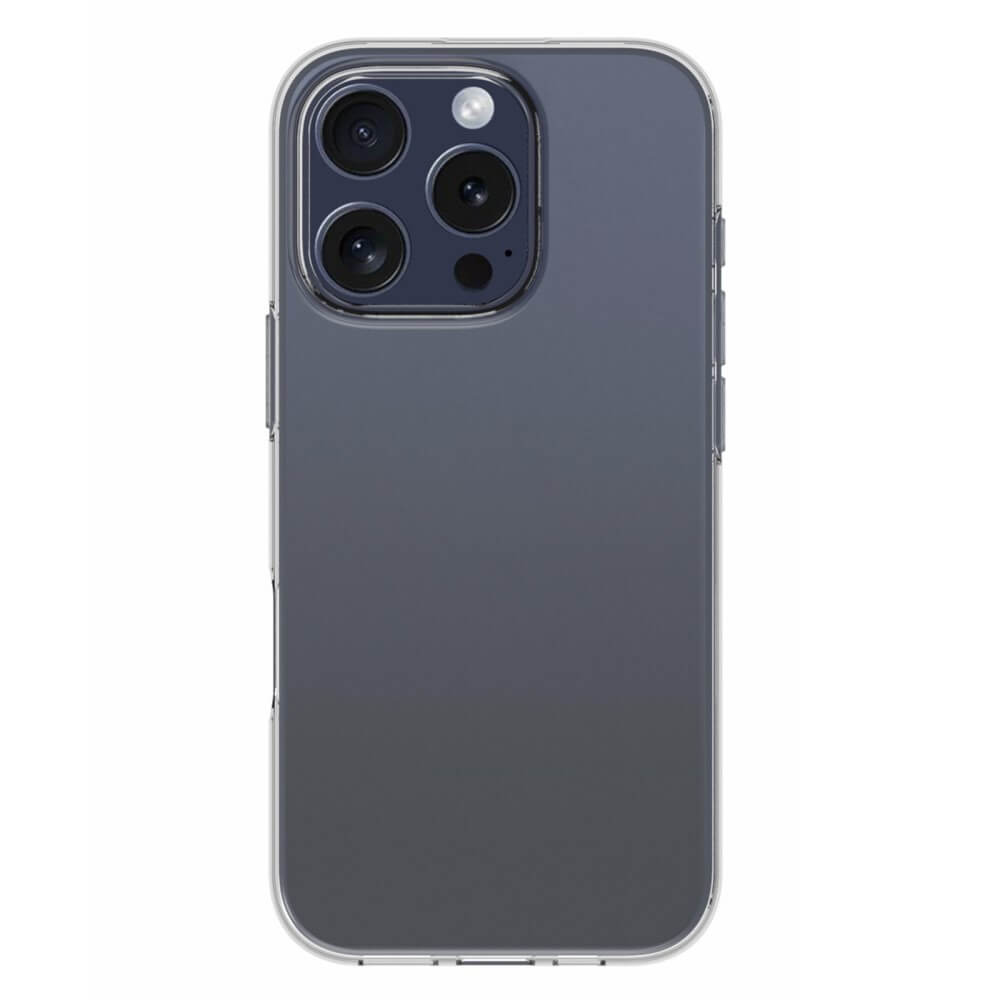 Das Cover-Discount iPhone 16 Pro mit transparentem Silikon-Gummi-Case und Anti-Fingerprint-Schutz verfügt über drei Rückkameras und einen Blitz, die vor einem dunklen Hintergrund dargestellt sind.