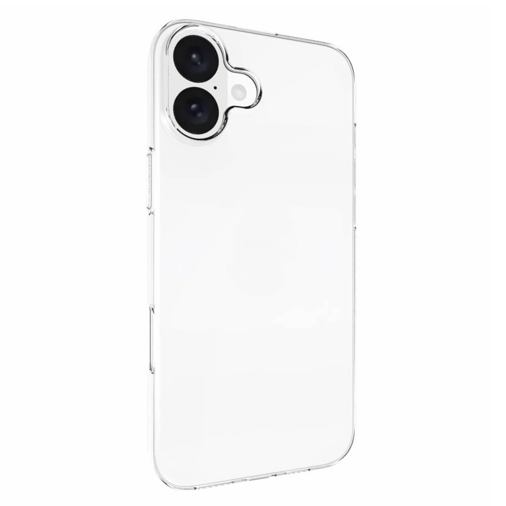 Das transparente Silikongummi-Case von Cover-Discount für das iPhone 16 Plus ist auf weißem Hintergrund abgebildet und verfügt über zwei Aussparungen für die Rückkamera, abgerundete Kanten und Fingerabdruckschutz.