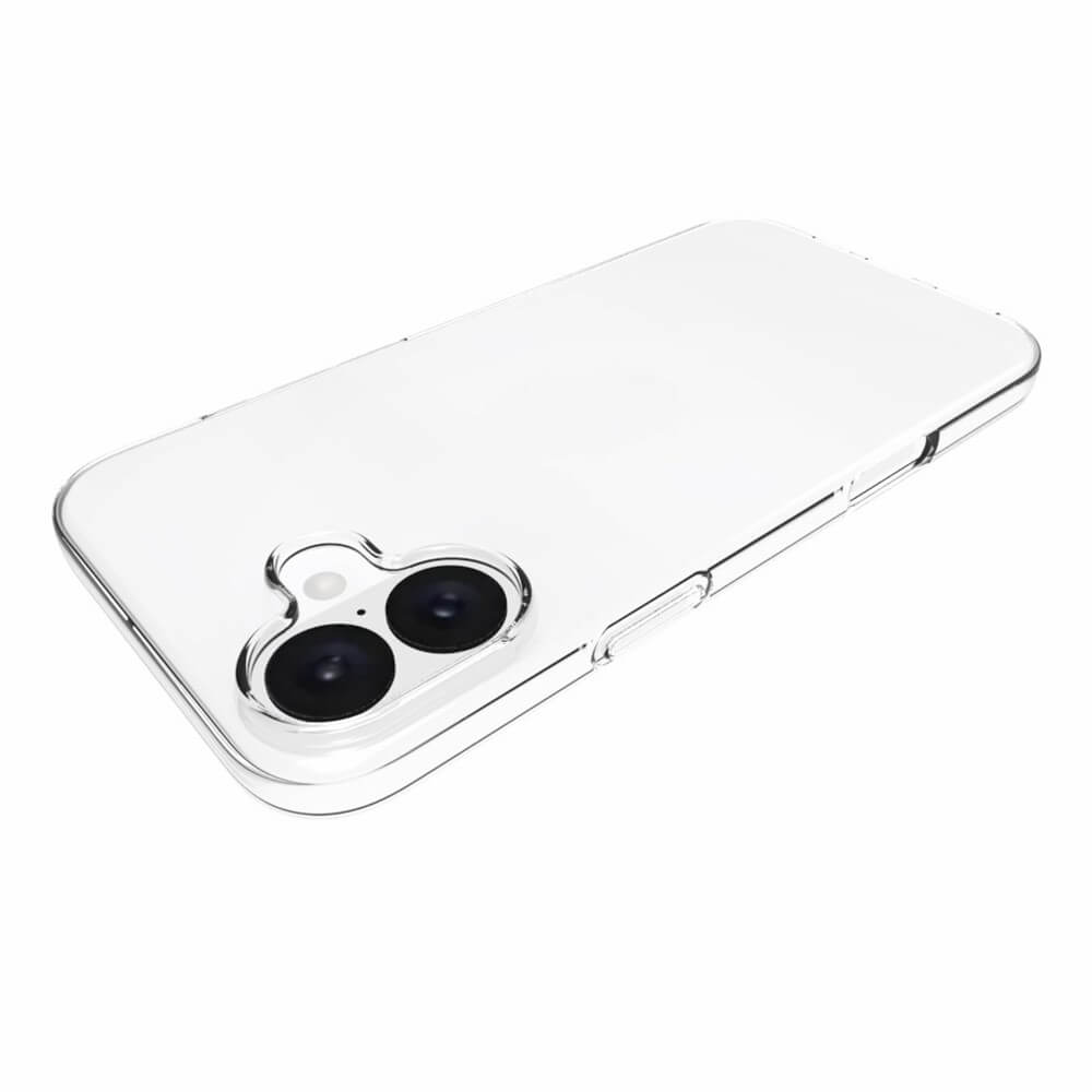 Das transparente Silikon-Gummi-Case von Cover-Discount für das iPhone 16 Plus verfügt über Aussparungen für die Doppelkamera, Tastenabdeckungen und Antifingerprint-Schutz auf weißem Hintergrund.