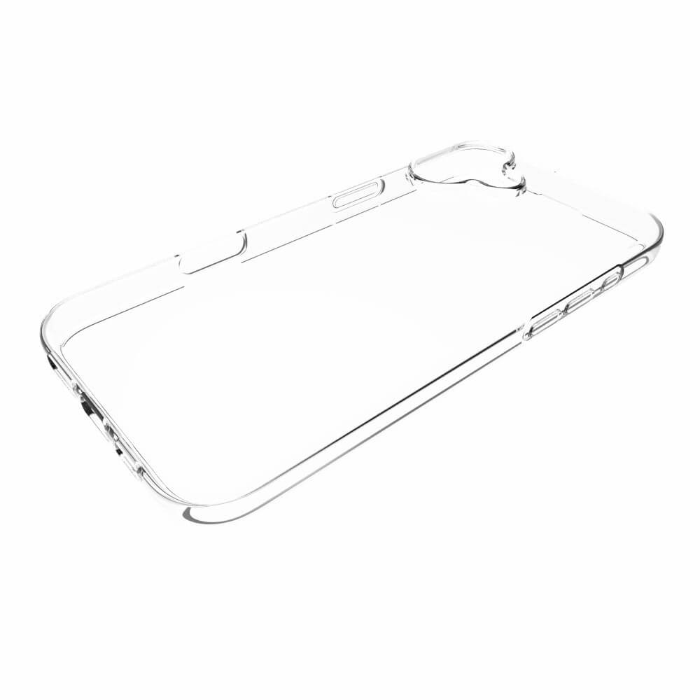 Das transparente iPhone 16 Plus Silikon Gummi Case von Cover-Discount bietet Anti-Fingerprint-Schutz und präzise Aussparungen für Kamera, Tasten und Anschlüsse. Hier auf weißem Hintergrund abgebildet.