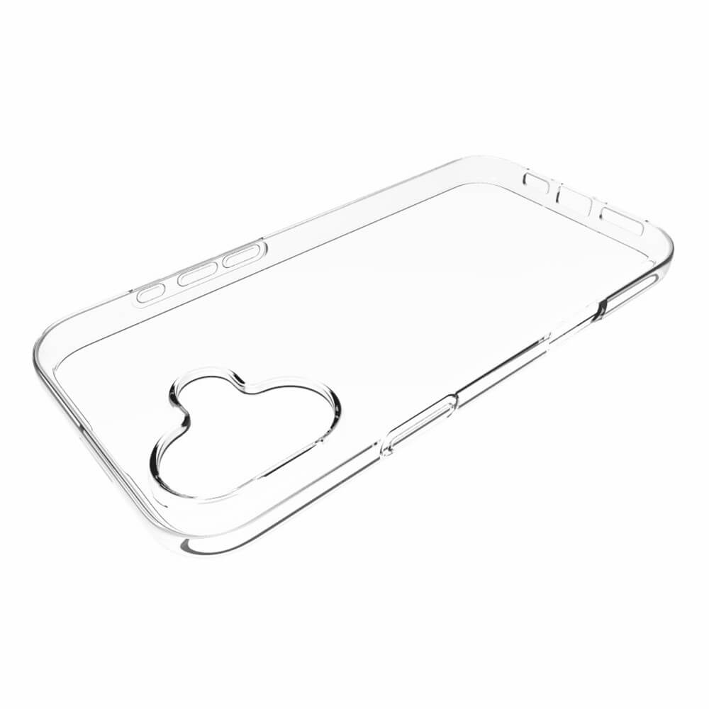Das transparente Cover-Discount iPhone 16 Plus - Silikon Gummi Case verfügt über ein Anti-Fingerabdruck-Design und eine herzförmige Aussparung in der Nähe der Kamera. Abgebildet auf weißem Hintergrund.