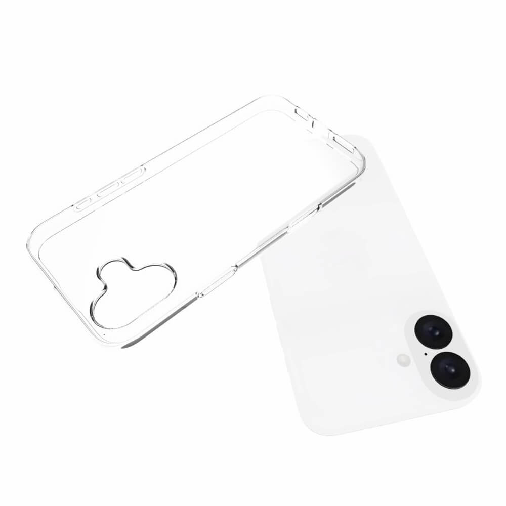 Das transparente Silikon-Gummi-Case von Cover-Discount für das iPhone 16 Plus verfügt über einen Anti-Fingerabdruck-Schutz und eine herzförmige Aussparung, abgebildet auf einem weißen iPhone 16 Plus mit zwei Kameras auf der Rückseite.