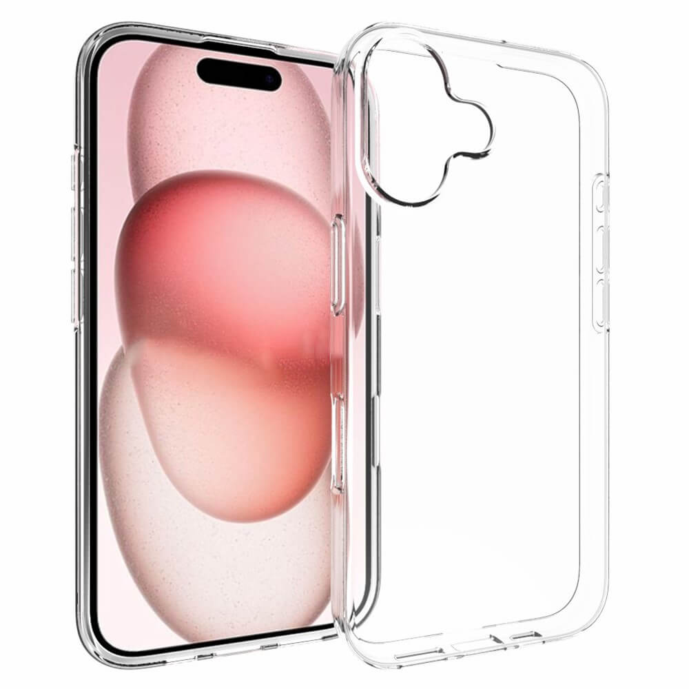 Das transparente iPhone 16 Silikon Gummi Case von Cover-Discount bietet Antifingerprint-Schutz und zeigt das Design des Smartphones mit rosa-weißem abstraktem Wallpaper.