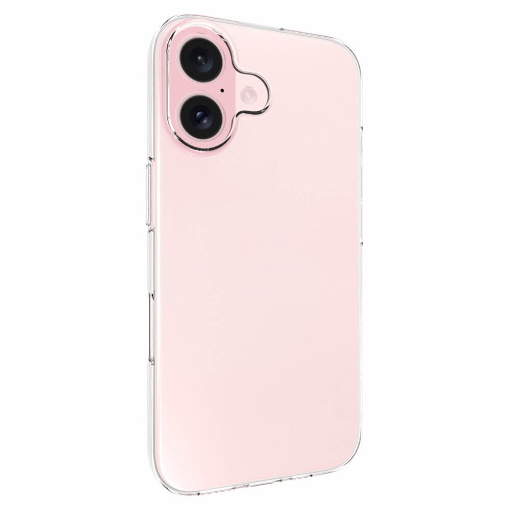 Transparente Silikon-Gummi-Hülle für das iPhone 16 von Cover-Discount, von hinten und schräg gezeigt, mit zwei Kameras auf der Rückseite, klarem Fingerabdruckschutz und einem eleganten transparenten Design.