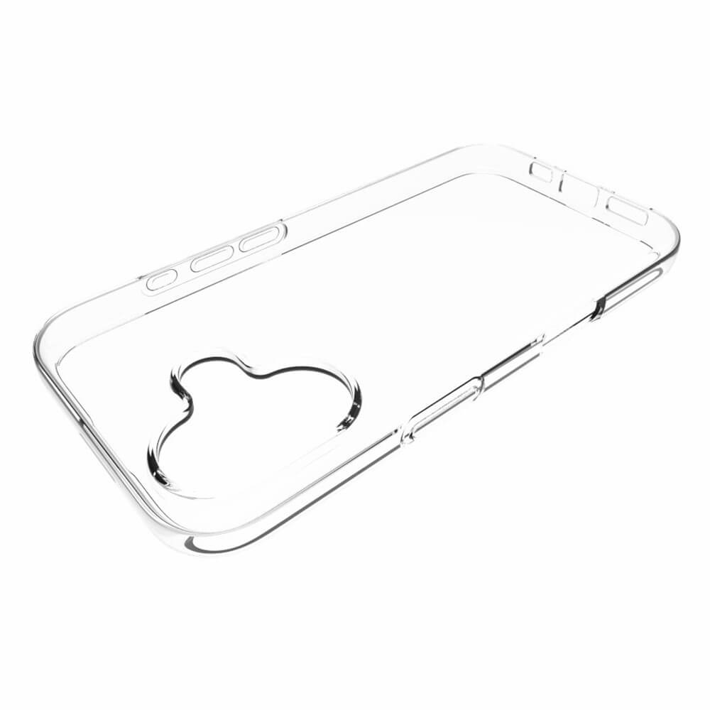 Das transparente Cover-Discount iPhone 16 - Silikon Gummi Case besticht durch sein klares Design, eine herzförmige Kameraaussparung und Anti-Fingerabdruck-Schutz. Abgebildet auf weißem Hintergrund.