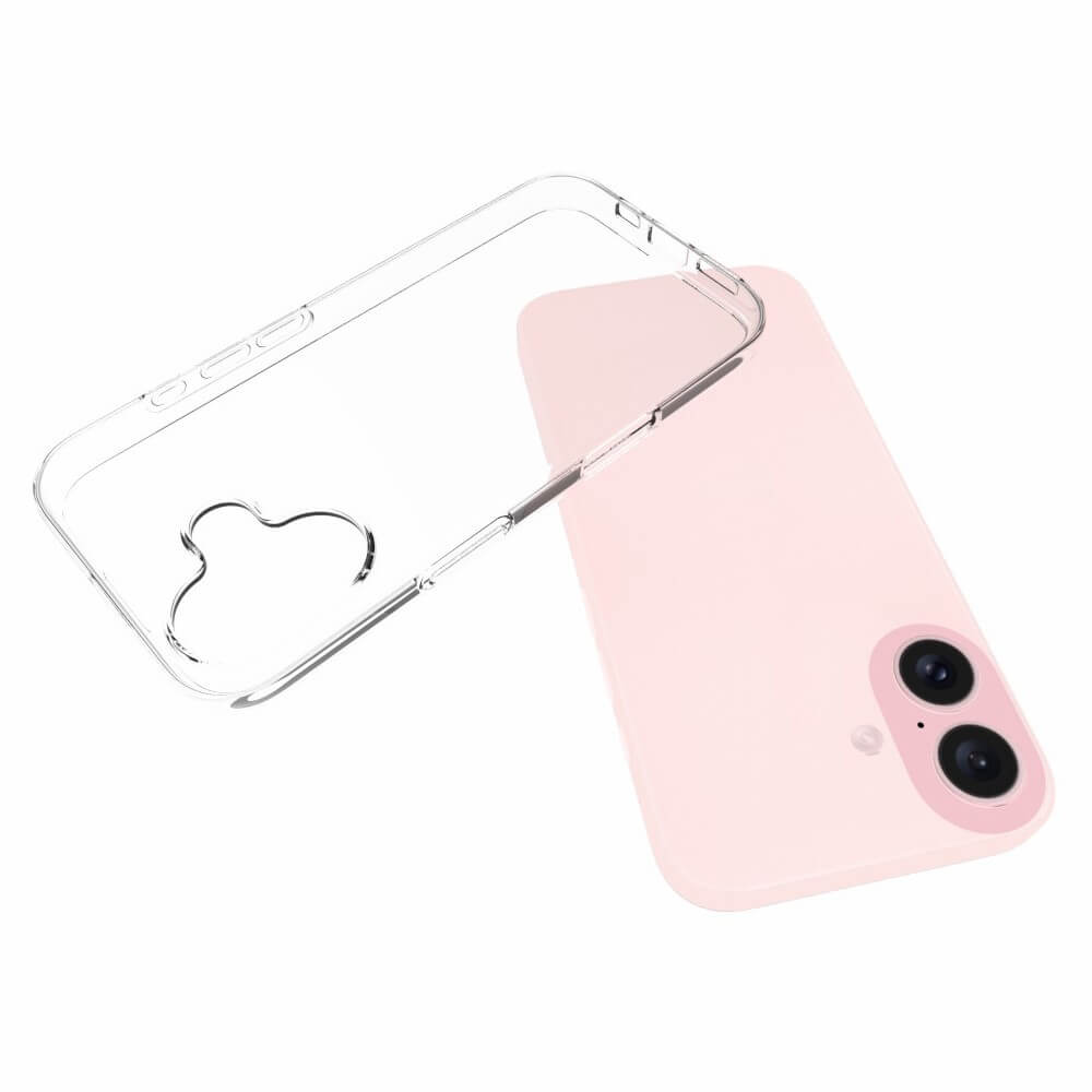 Das transparente Cover-Discount iPhone 16 - Silikon Gummi Case verfügt über eine herzförmige Aussparung, Anti-Fingerabdruck-Schutz und ist auf einem rosafarbenen Telefon mit Doppelkamera abgebildet.