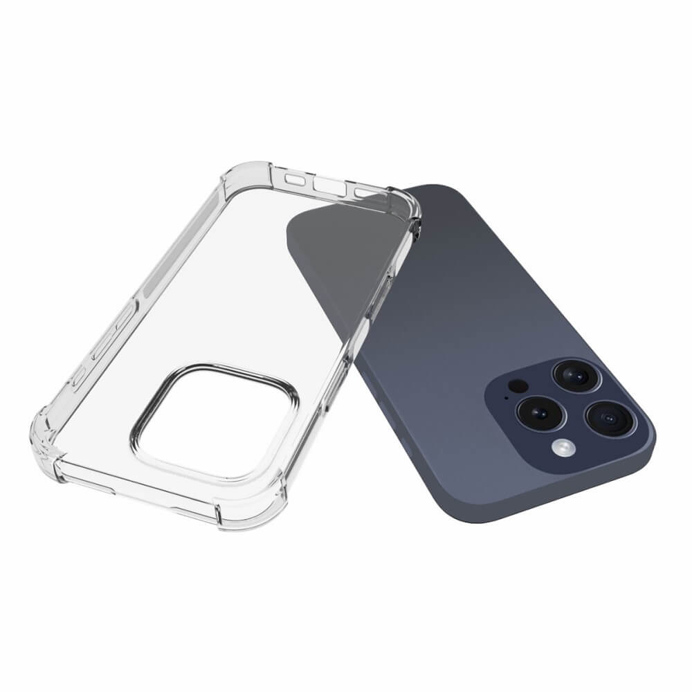 Das Cover-Discount iPhone 16 Pro - Drop Protection Silikon Case aus klarem TPU-Material wird neben einem dunkelblauen iPhone 16 Pro gezeigt, das seine dreifachen Rückkameras zur Schau stellt.