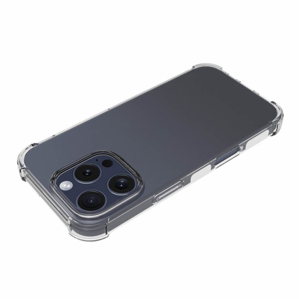 Das iPhone 16 Pro wird mit dunkler Rückseite und dem Cover-Discount Drop Protection Silikon Case aus transparentem TPU gezeigt, das die drei rückseitigen Kameralinsen hervorhebt.