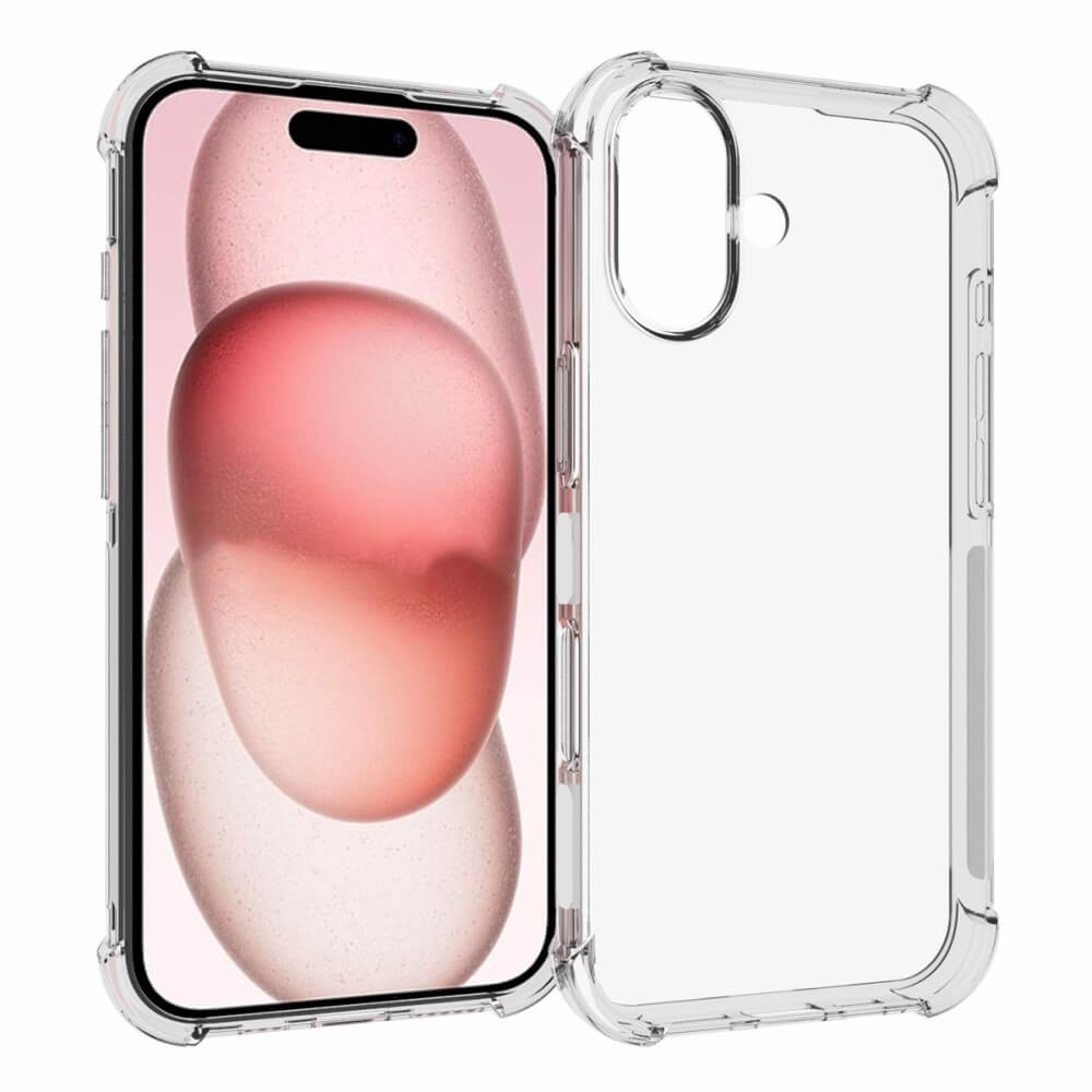 Das Cover-Discount iPhone 16 Drop Protection Silikon Case aus klarem TPU-Material ist neben einem Smartphone mit einem rosa-weißen abstrakten Hintergrundbild abgebildet und bietet zuverlässigen Fallschutz.