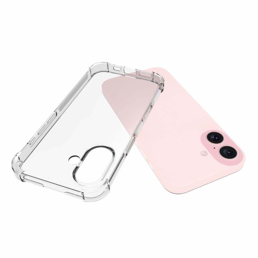 Neben einem rosa iPhone 16 mit zwei Kameras auf der Rückseite ist vor einem weißen Hintergrund ein transparentes Silikon-Case mit Fallschutz von Cover-Discount zu sehen.
