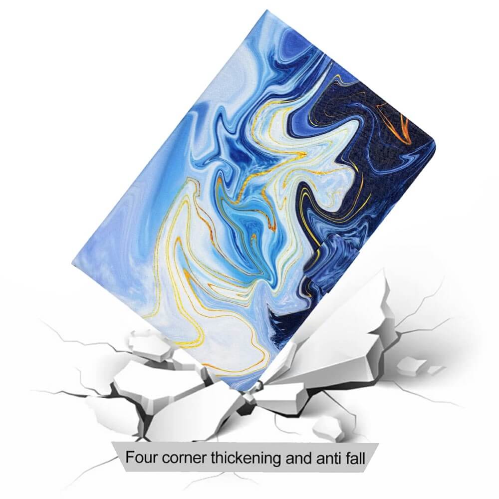 Ein blau-weiß marmoriertes Cover-Discount Kindle Paperwhite 2024 Etui mit stilvollem Motiv fällt auf eine rissige Oberfläche, mit Text: Vier Eckverdickungen und Anti-Sturz-Rundumschutz.