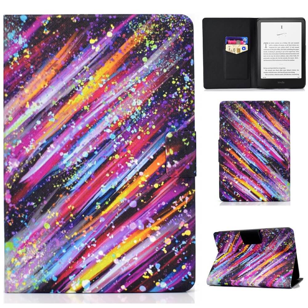 Das Cover-Discount Kindle Paperwhite 2024 Etui mit stilvollem Motiv zeigt ein farbenfrohes, abstraktes Design mit Farbtupfern in Lila, Pink, Gelb und Blau, das aus mehreren Blickwinkeln gezeigt wird, um den lebendigen Look und das praktische Kartenfach hervorzuheben.