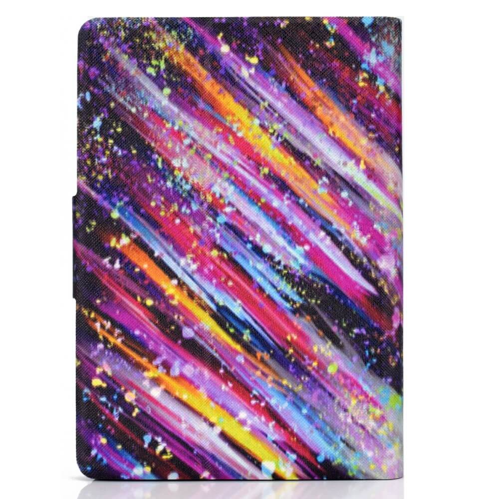 Das Kindle Paperwhite 2024 Etui von Cover-Discount bietet Rundumschutz und überzeugt mit einem stilvollen, abstrakten Motiv aus farbigen Diagonalstreifen und Spritzern auf dunklem Hintergrund.