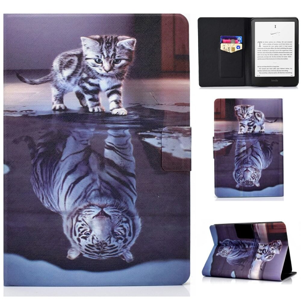 Das Cover-Discount Kindle Paperwhite 2024 Etui mit stilvollem Motiv bietet Rundumschutz mit einem Kätzchen-und-Tiger-Motiv, Kartenfach und praktischen Extras.