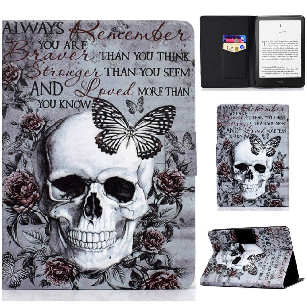 Das Cover-Discount Kindle Paperwhite 2024 - Etui mit stilvollem Totenkopf-, Blumen- und Schmetterlingsmotiv bietet Rundumschutz, Kartenfach und inspirierenden Look - aus allen Blickwinkeln ein Hingucker.