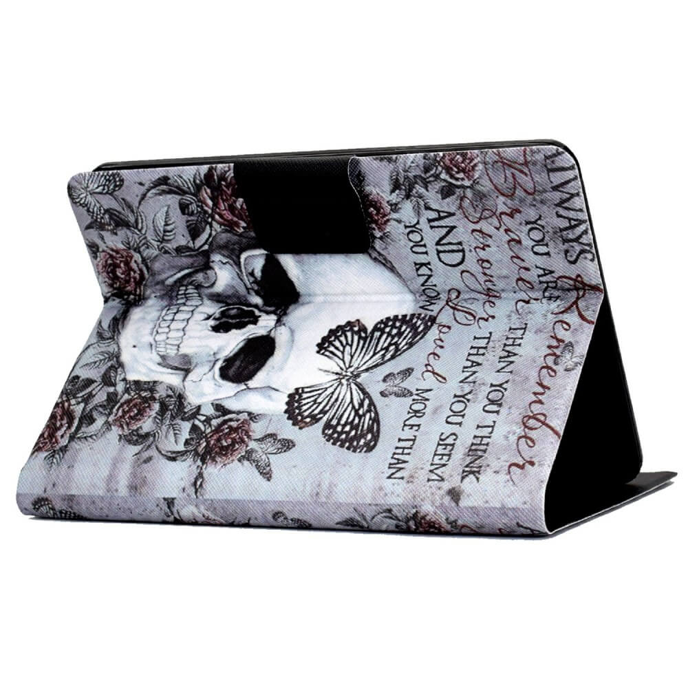 Das Cover-Discount Etui für Kindle Paperwhite 2024 bietet stilvolles Totenkopf-, Rosen- und Schmetterlingsmotiv auf grauem Hintergrund, Rundumschutz sowie ein Kartenfach für Sicherheit und praktische Nutzung.