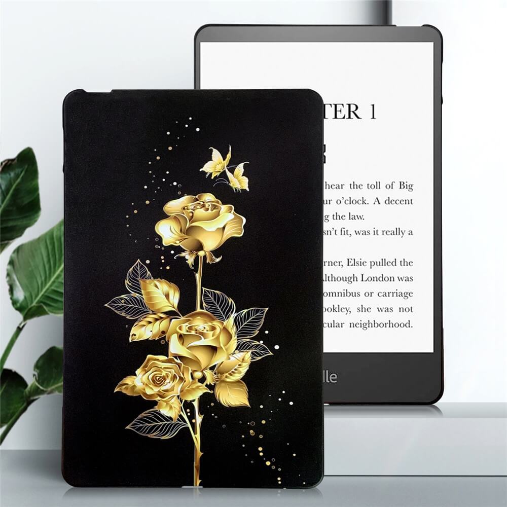 Die Cover-Discount Kindle Paperwhite 2024 Schutzhülle aus flexiblem TPU besticht durch goldenes Rosen- und Schmetterlingsmotiv und bietet stilvollen Rundumschutz für Ihren E-Reader.