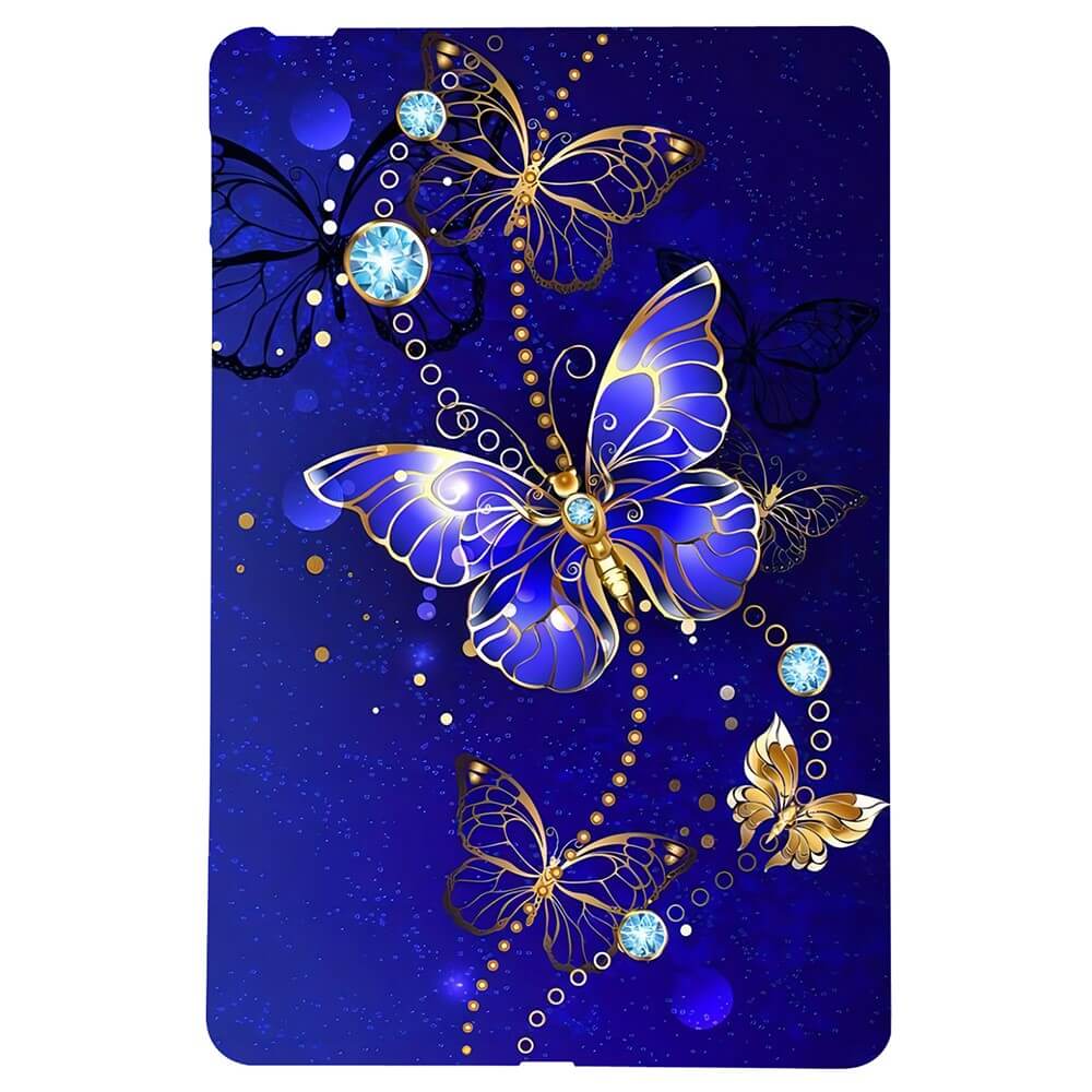 Goldene und blaue Schmetterlinge mit Juwelen verzieren diese Cover-Discount Kindle Paperwhite 2024 Schutzhülle TPU mit Motiv und bieten flexiblen Rundumschutz auf dunkelblauem, sternenklarem Hintergrund.