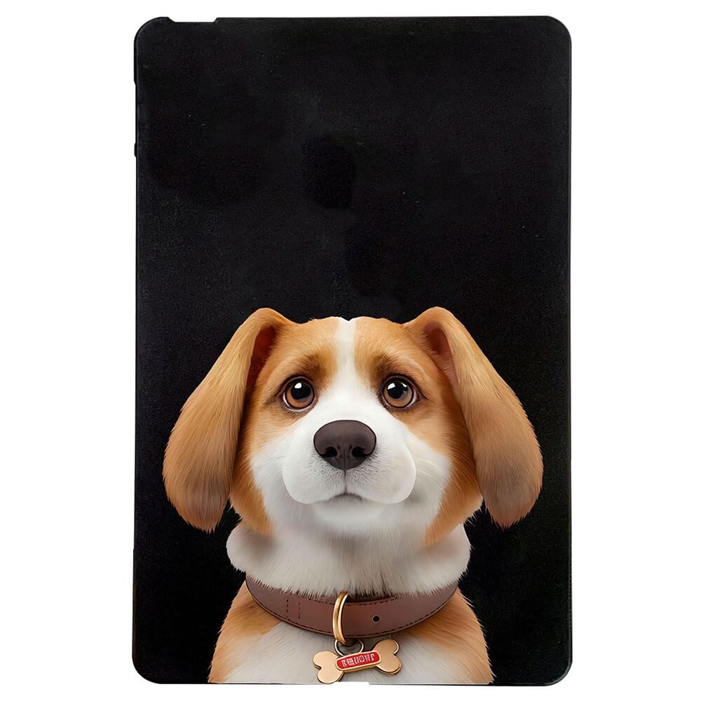 Ein süßer Beagle mit großen Augen und Halsband sitzt auf einem schwarzen Hintergrund auf dieser Cover-Discount Kindle Paperwhite 2024 - Schutzhülle TPU mit Motiv. Genieße flexiblen Rundumschutz und stylisches Design für dein Gerät.