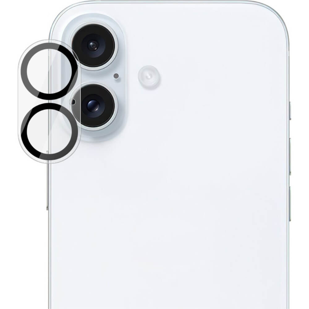 Die Imak iPhone 16/16 Plus Panzerglas Kamera verfügt über ein weißes Smartphone-Design mit zwei Kameras auf der Rückseite und einer hochtransparenten Acryl-Linsenabdeckung für hervorragenden Kameraschutz.