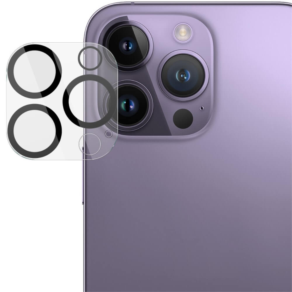Nahaufnahme eines lila iPhone 16 Pro / 16 Pro Max mit dreifacher Rückkamera und einem Imak IMAK Panzerglas Kamera-Displayschutz aus gehärtetem Glas mit oleophober Beschichtung daneben.