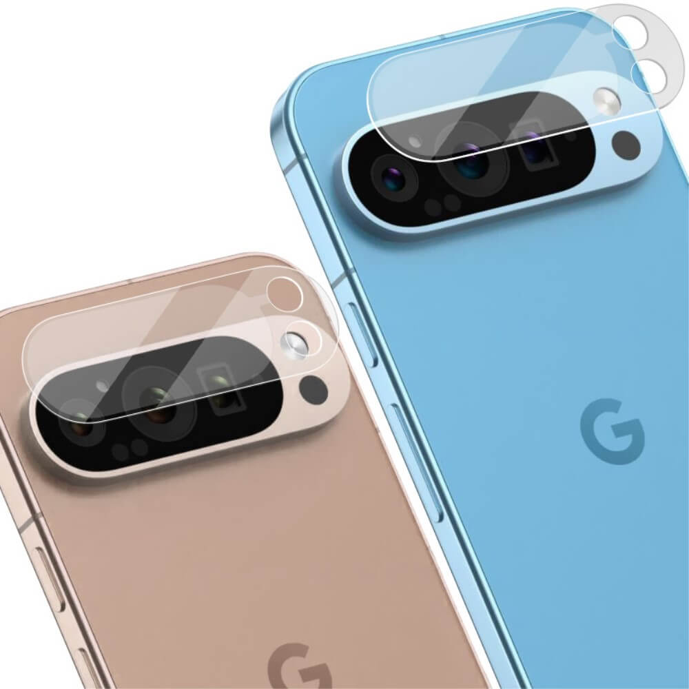 Zwei Google Pixel 9 Pro-Smartphones in Beige und Blau, jeweils ausgestattet mit Imaks zweiteiligem Panzerglas-Kamera-Objektivschutz für hervorragenden Kameraschutz.