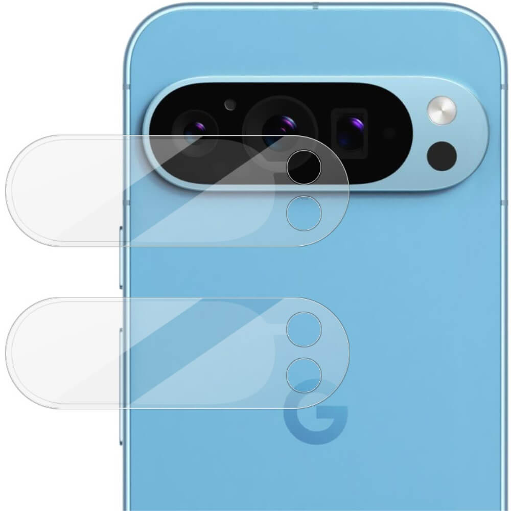 Blaues Google Pixel 9 Pro XL mit Doppelkamera, abgebildet neben Imak IMAK 2 Stk. Panzerglas Kamera-Schutzfolien aus gehärtetem Glas zum Schutz der Kamera.