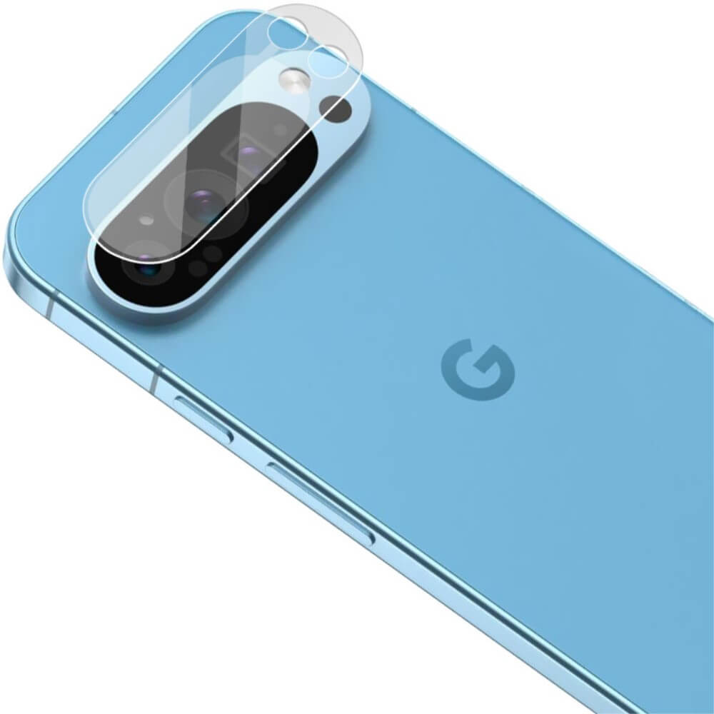 Abgebildet ist ein Google Pixel 9 Pro XL mit einem Imak 2 Stk. Panzerglas Kamera-Glasschutz, der für zusätzlichen Schutz über der Rückkamera angebracht ist.