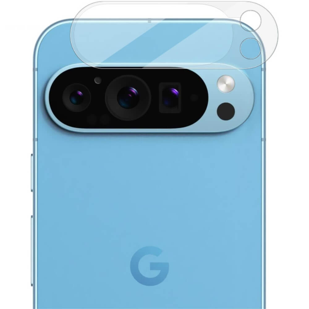 Ein blaues Google Pixel 9 Pro XL mit einem Imak 2 Stk. Die Panzerglas-Kamera (gehärtete Glas-Schutzfolie) ist über dem hinteren Kameramodul ausgerichtet.