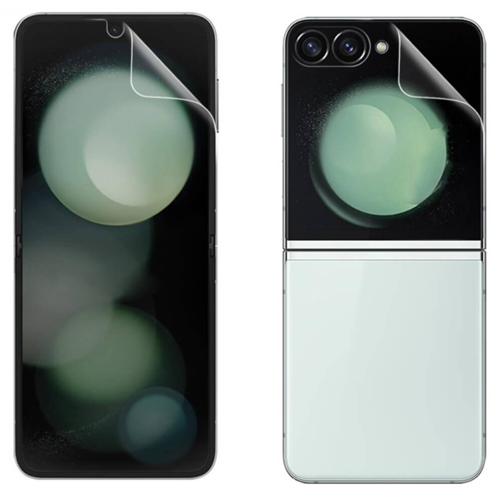 Bei zwei Galaxy Z Flip6-Smartphones mit teilweise abgezogener Imak Set Display Schutzfolie aus TPU-Displayschutzfolien wurden abstrakte kreisförmige Muster auf ihren Displays sichtbar.