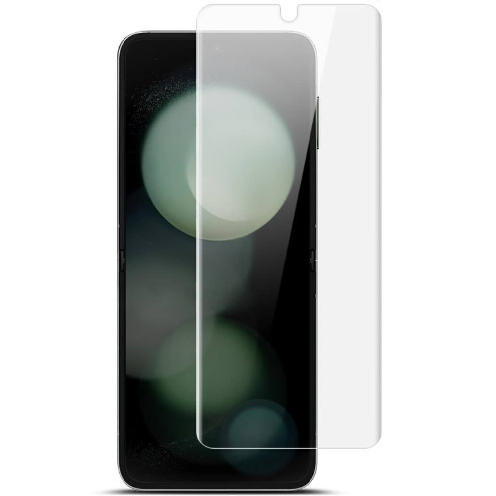 Imak Galaxy Z Flip6 – IMAK Set Display Schutzfolie TPU-Displayschutzfolie, teilweise auf dem Telefondisplay platziert, auf weißem Hintergrund dargestellt.