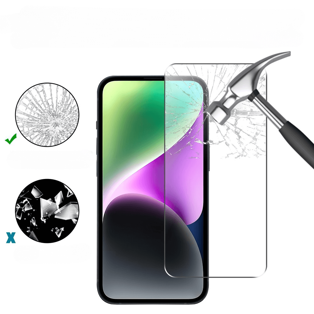 Ein Hammerschlag zerbricht das Cover-Discount iPhone 16 - 2 Stk. Panzerglas Display, doch das iPhone 16 Display bleibt darunter perfekt geschĂŒtzt.