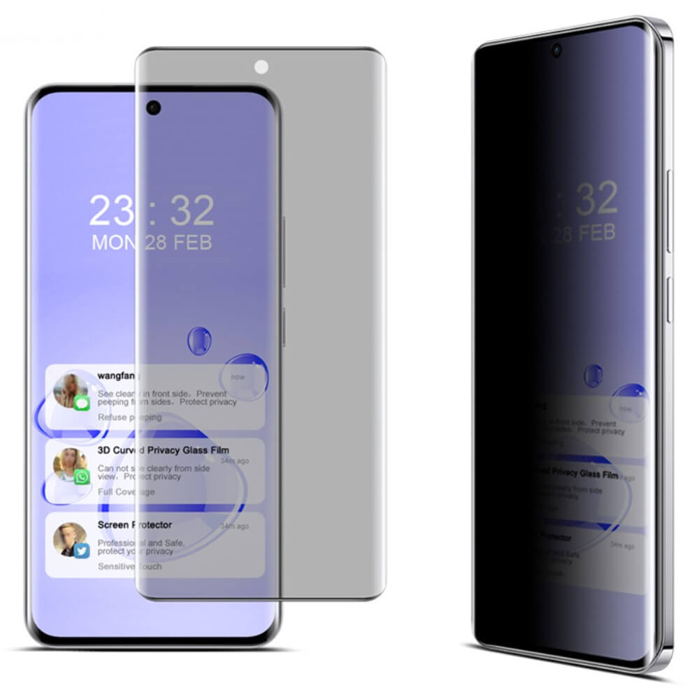 Zwei Smartphones verwenden den IMAK Panzerglas Display Privacy Anti-Spy-Schutz von Cover-Discount: Eines zeigt einen klaren Bildschirm, während das Display des OPPO Reno12 5G aus Sicht der Privatsphäre aus seitlichen Winkeln abgedunkelt ist.