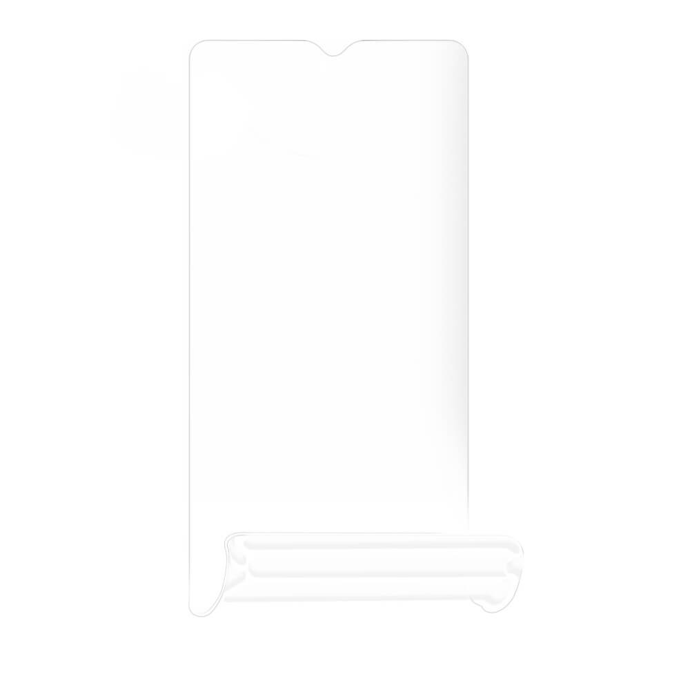 Die Cover-Discount Galaxy A16 - Display Schutzfolie PET ist eine ultradünne, kratzfeste Displayschutzfolie mit kleinem Ausschnitt oben, teilweise abgerollt auf weißem Hintergrund.