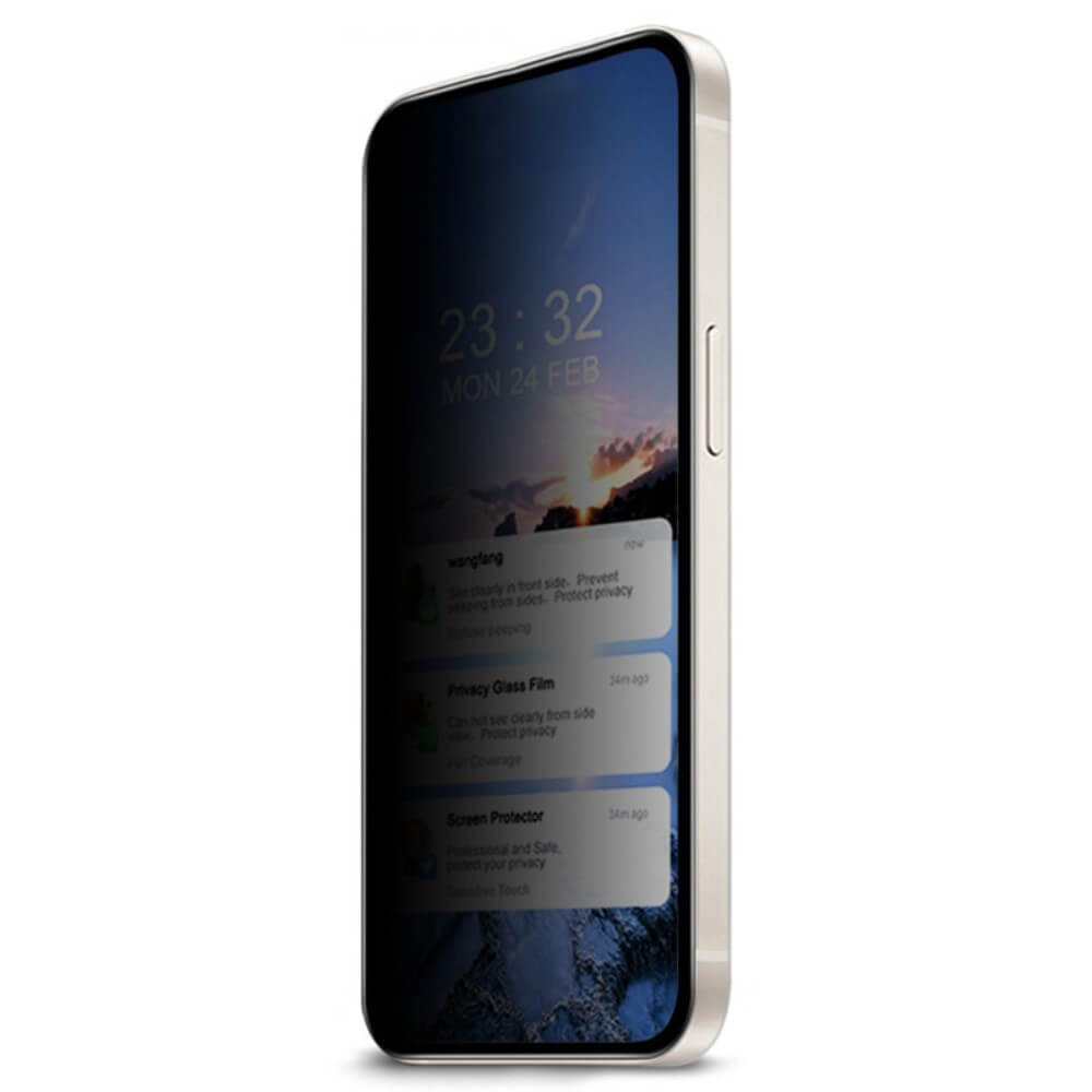 Ein Galaxy A16-Smartphone von Cover-Discount zeigt Benachrichtigungen mit einer Bergreflexion bei Sonnenuntergang an und ist durch Panzerglas Display Privacy Anti-Spy-Glas für Langlebigkeit und verbesserte Privatsphäre geschützt.