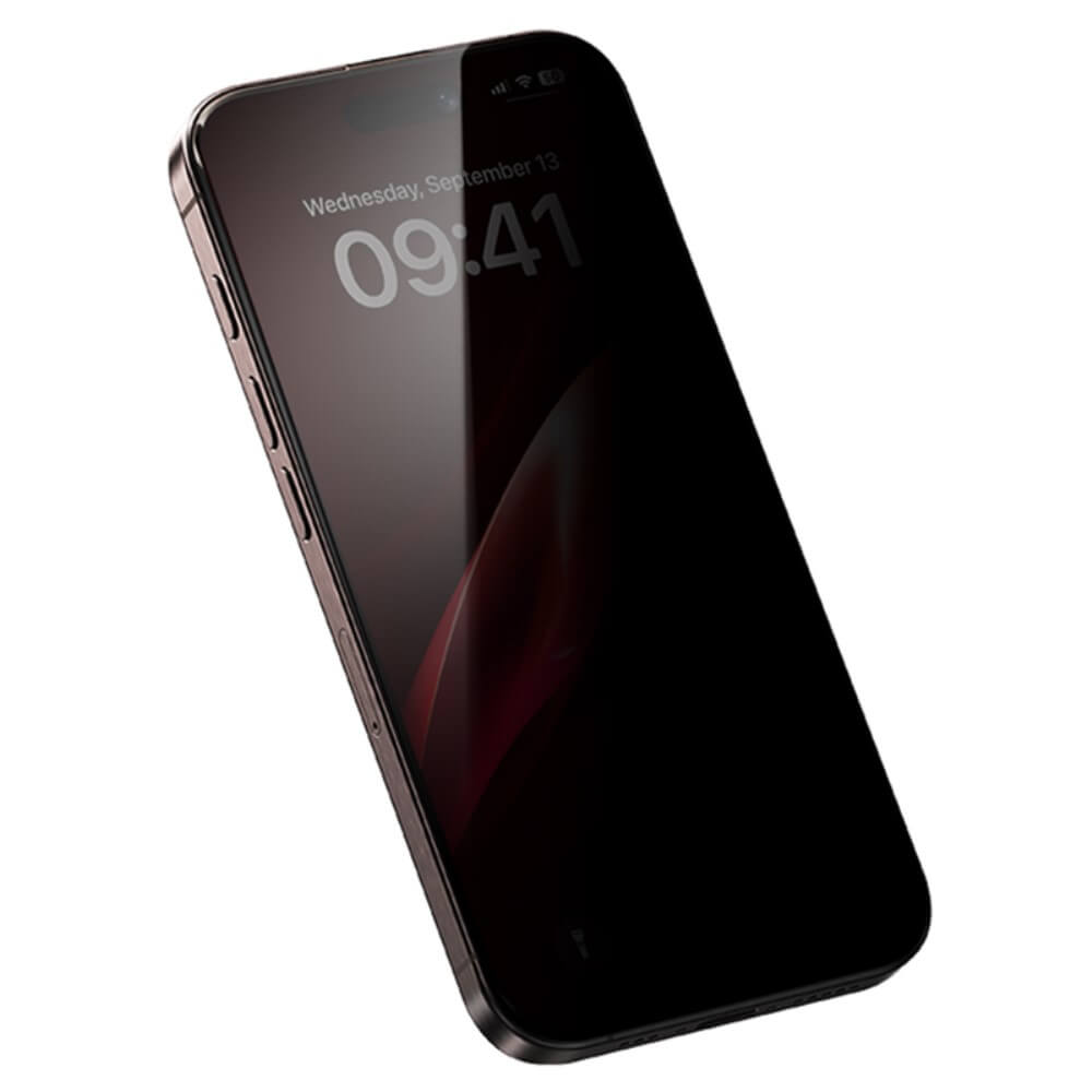 Ein schwarzes Smartphone zeigt 09:41 und Mittwoch, 13. September, geschützt durch Cover-Discount iPhone 16 Pro Panzerglas Display Privacy Anti-Spy.